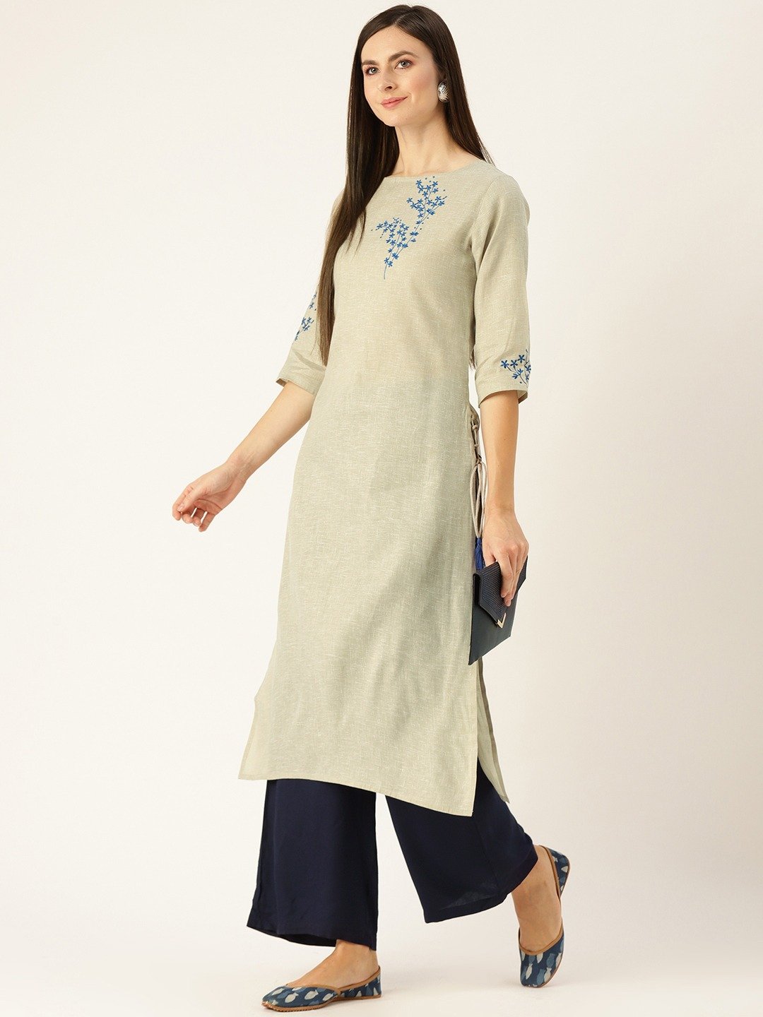 Women's Grey Calf Length Three-Quarter Sleeves Straight Woven Design Embroidered Cotton Kurta