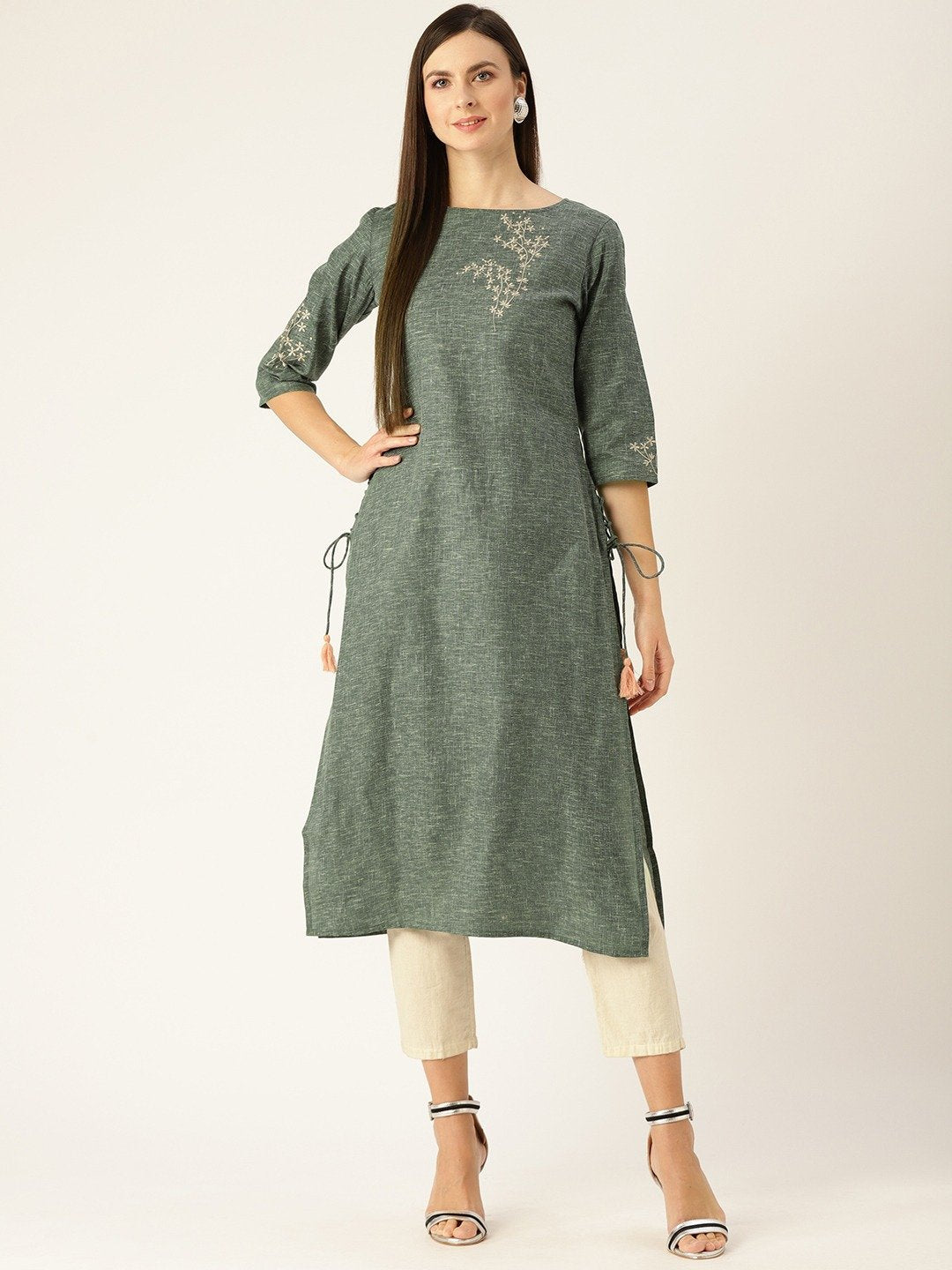 Women's Dark Grey Calf Length Three-Quarter Sleeves Straight Woven Design Embroidered Cotton Kurta