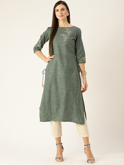 Women's Dark Grey Calf Length Three-Quarter Sleeves Straight Woven Design Embroidered Cotton Kurta