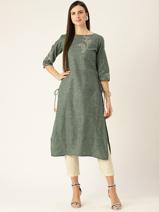 Women's Dark Grey Calf Length Three-Quarter Sleeves Straight Woven Design Embroidered Cotton Kurta