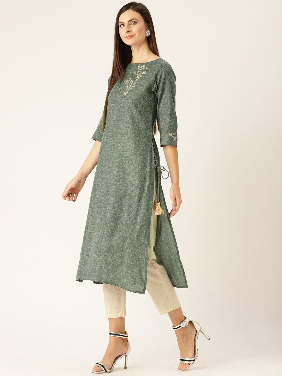Women's Dark Grey Calf Length Three-Quarter Sleeves Straight Woven Design Embroidered Cotton Kurta