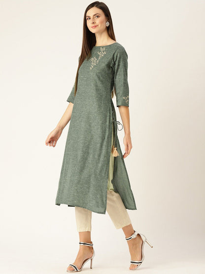 Women's Dark Grey Calf Length Three-Quarter Sleeves Straight Woven Design Embroidered Cotton Kurta