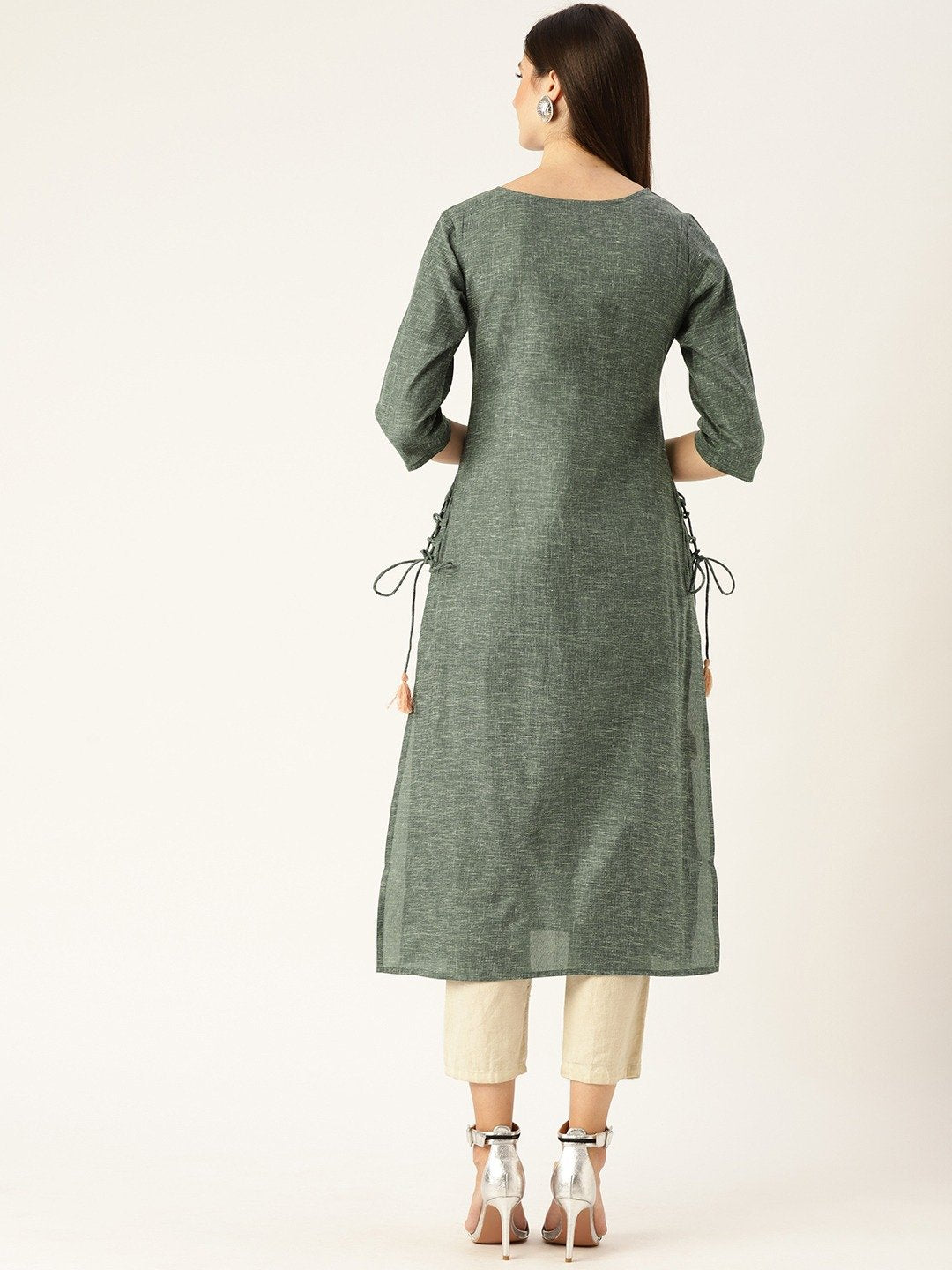 Women's Dark Grey Calf Length Three-Quarter Sleeves Straight Woven Design Embroidered Cotton Kurta