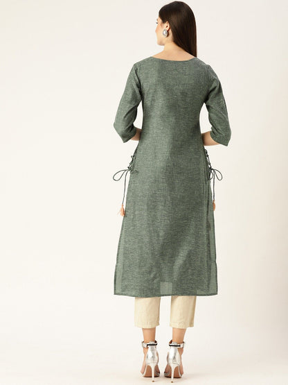 Women's Dark Grey Calf Length Three-Quarter Sleeves Straight Woven Design Embroidered Cotton Kurta
