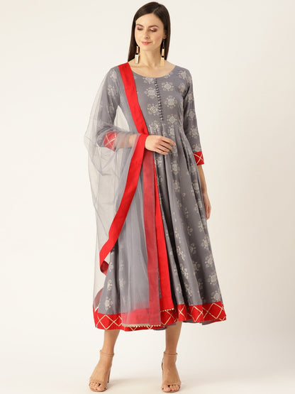 Women's Grey Ethnic Motifs Printed Round Neck Viscose Rayon A-Line Dress