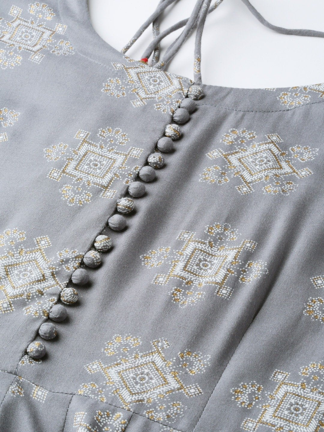 Women's Grey Ethnic Motifs Printed Round Neck Viscose Rayon A-Line Dress
