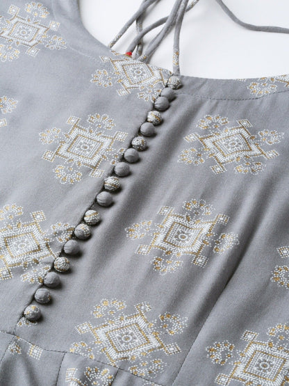 Women's Grey Ethnic Motifs Printed Round Neck Viscose Rayon A-Line Dress