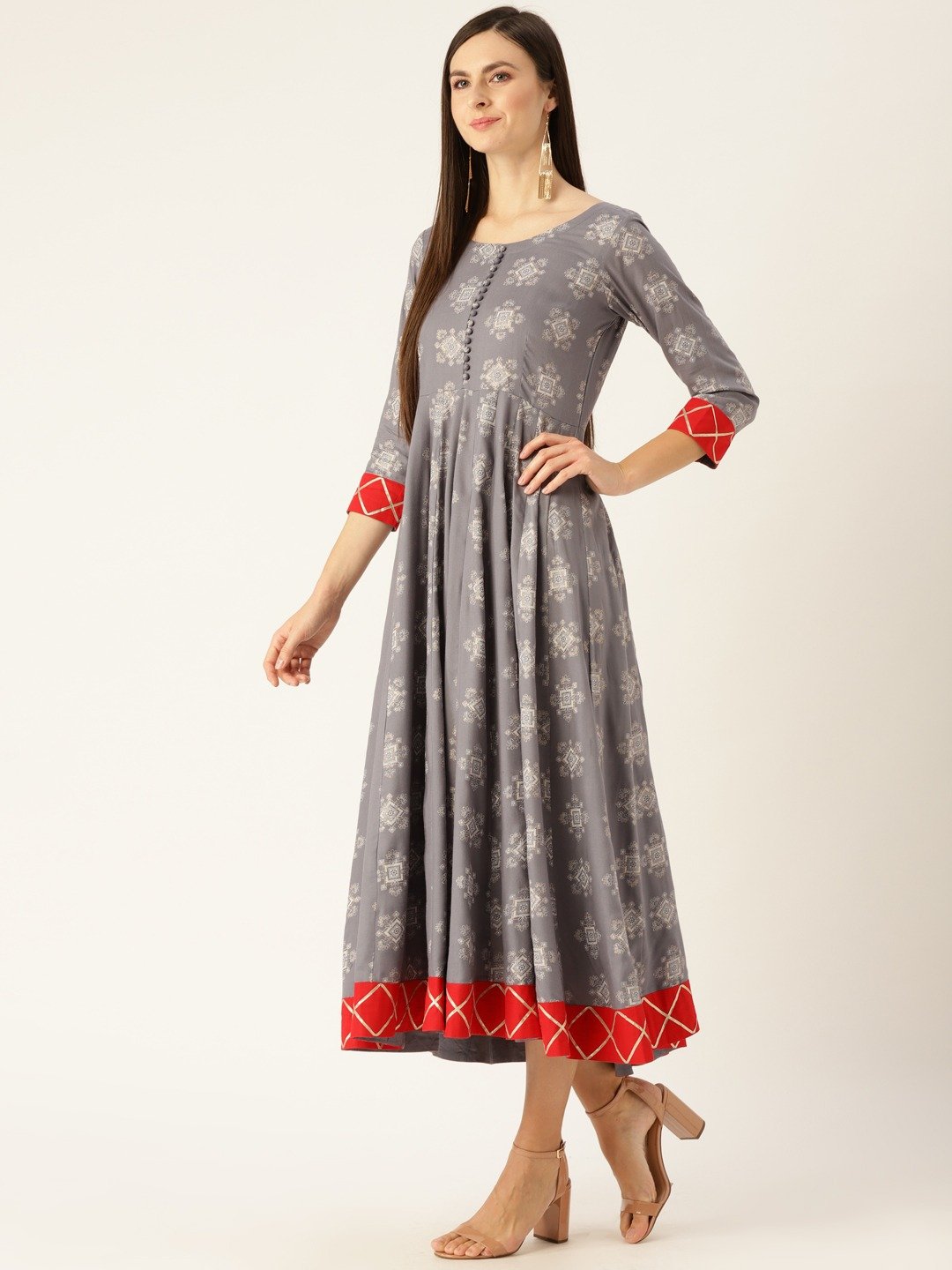 Women's Grey Ethnic Motifs Printed Round Neck Viscose Rayon A-Line Dress