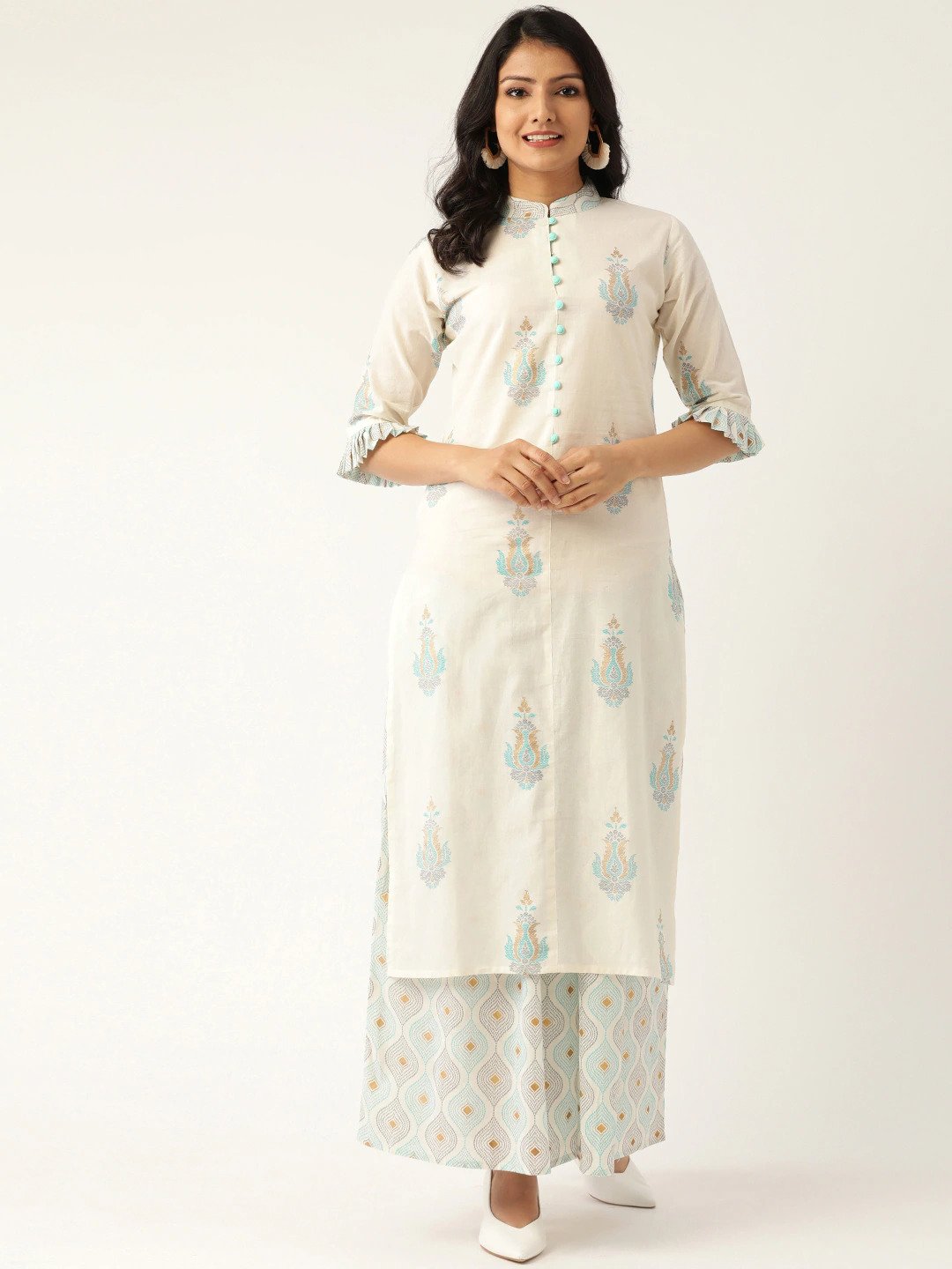 Women's White & Grey Printed Kurta With Palazzos
