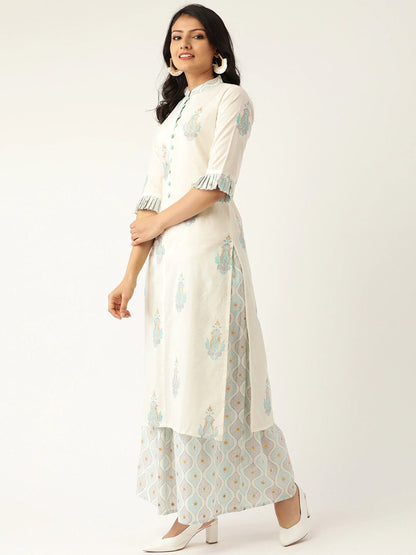 Women's White & Grey Printed Kurta With Palazzos