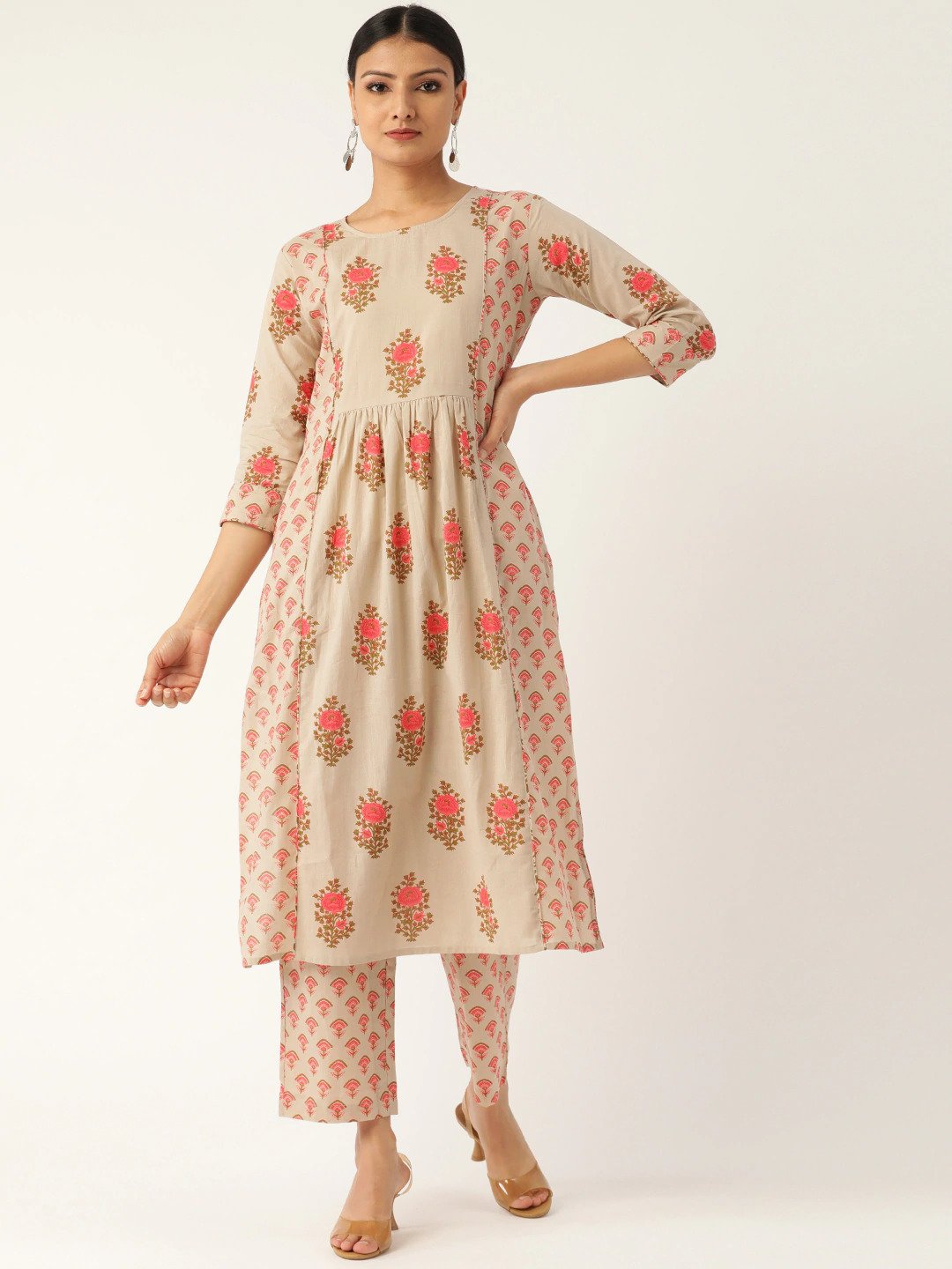 Women's Beige & Pink Printed Kurta With Palazzos