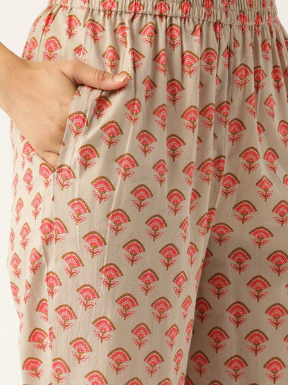Women's Beige & Pink Printed Kurta With Palazzos
