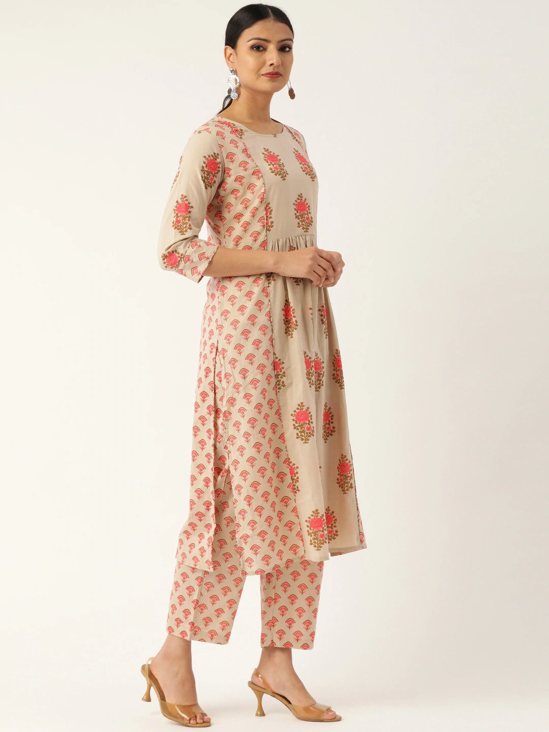 Women's Beige & Pink Printed Kurta With Palazzos
