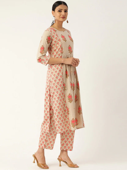 Women's Beige & Pink Printed Kurta With Palazzos