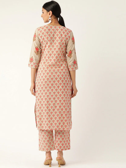 Women's Beige & Pink Printed Kurta With Palazzos