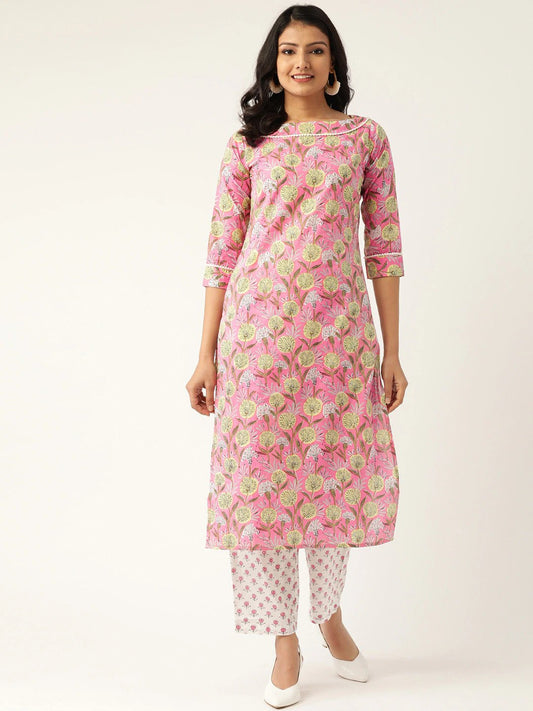 Women's Pink & White Printed Kurta With Palazzos