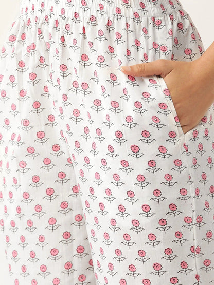 Women's Pink & White Printed Kurta With Palazzos