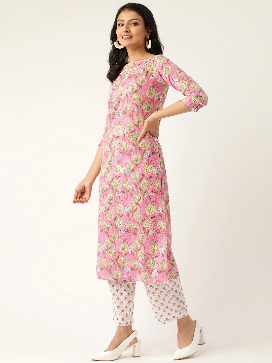 Women's Pink & White Printed Kurta With Palazzos