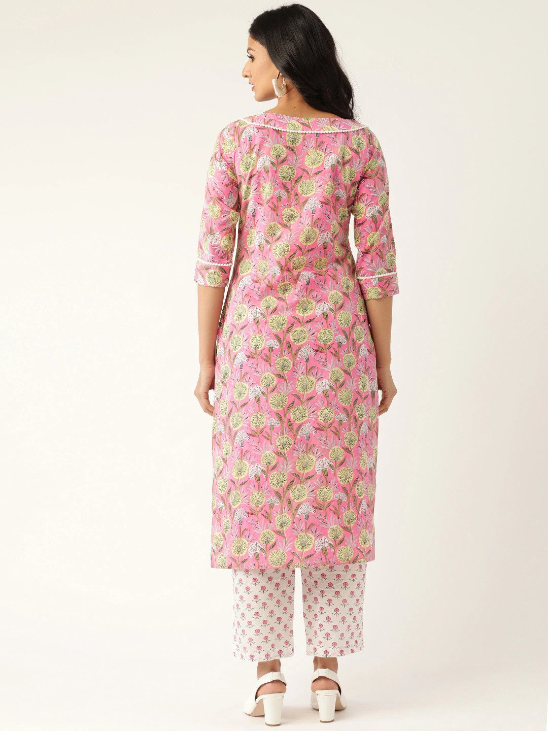 Women's Pink & White Printed Kurta With Palazzos