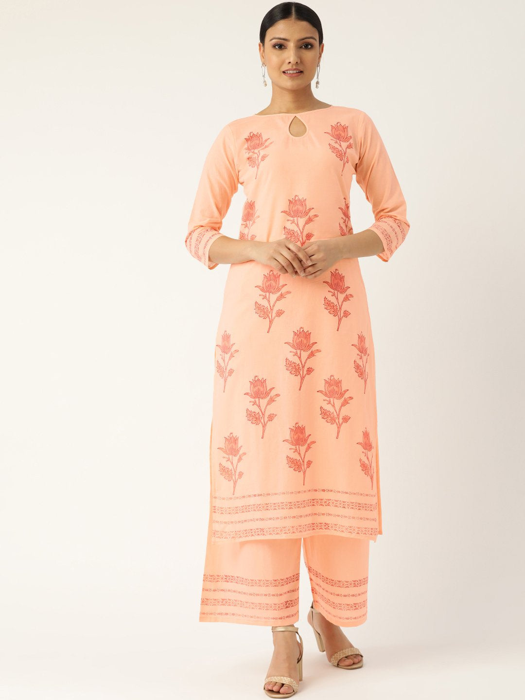 Women's Peach-Coloured & Red Printed Kurta With Palazzos