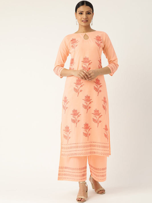 Women's Peach-Coloured & Red Printed Kurta With Palazzos