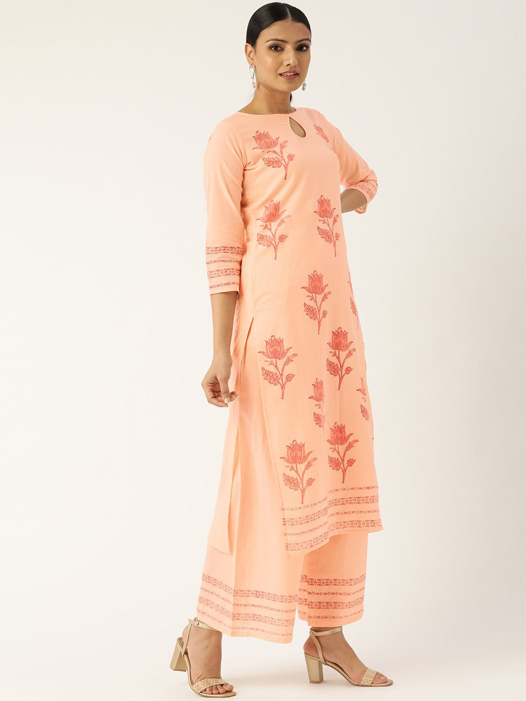Women's Peach-Coloured & Red Printed Kurta With Palazzos