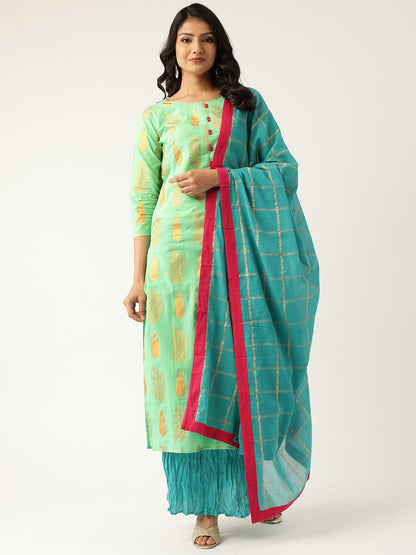Women's Green & Turquoise Blue Printed Kurta With Skirt & Dupatta