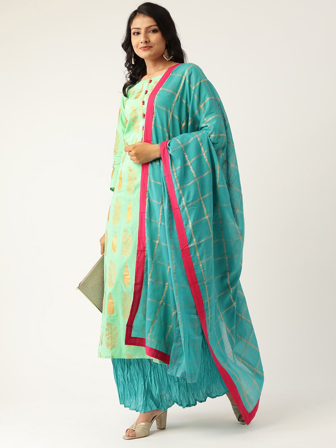 Women's Green & Turquoise Blue Printed Kurta With Skirt & Dupatta
