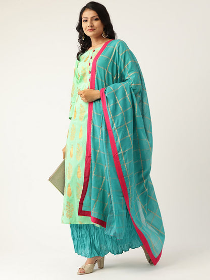 Women's Green & Turquoise Blue Printed Kurta With Skirt & Dupatta