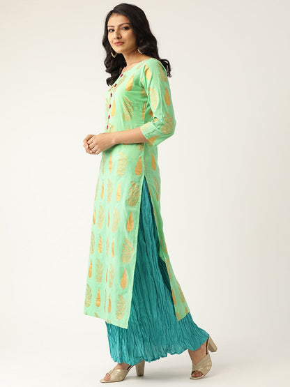 Women's Green & Turquoise Blue Printed Kurta With Skirt & Dupatta