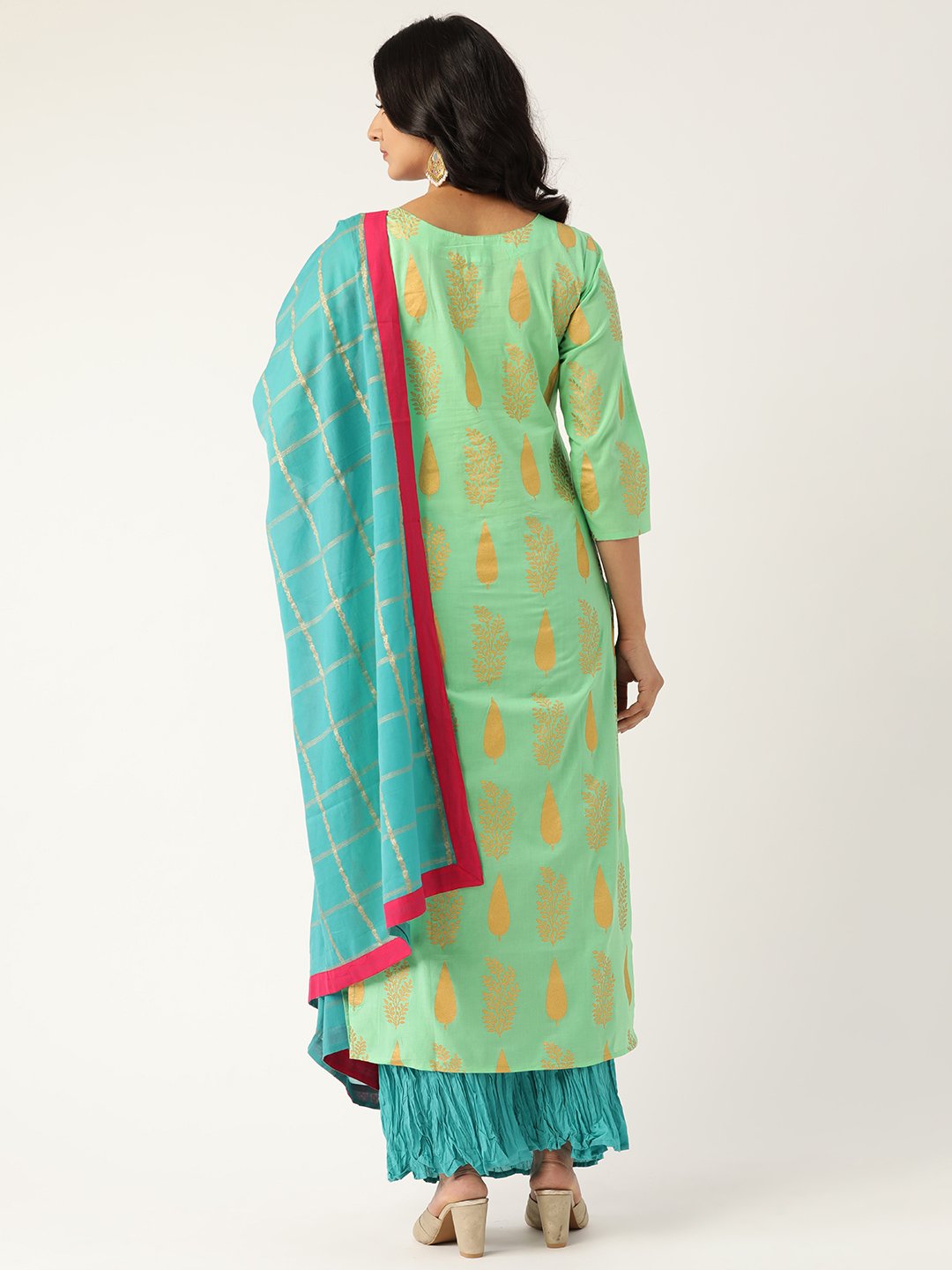 Women's Green & Turquoise Blue Printed Kurta With Skirt & Dupatta