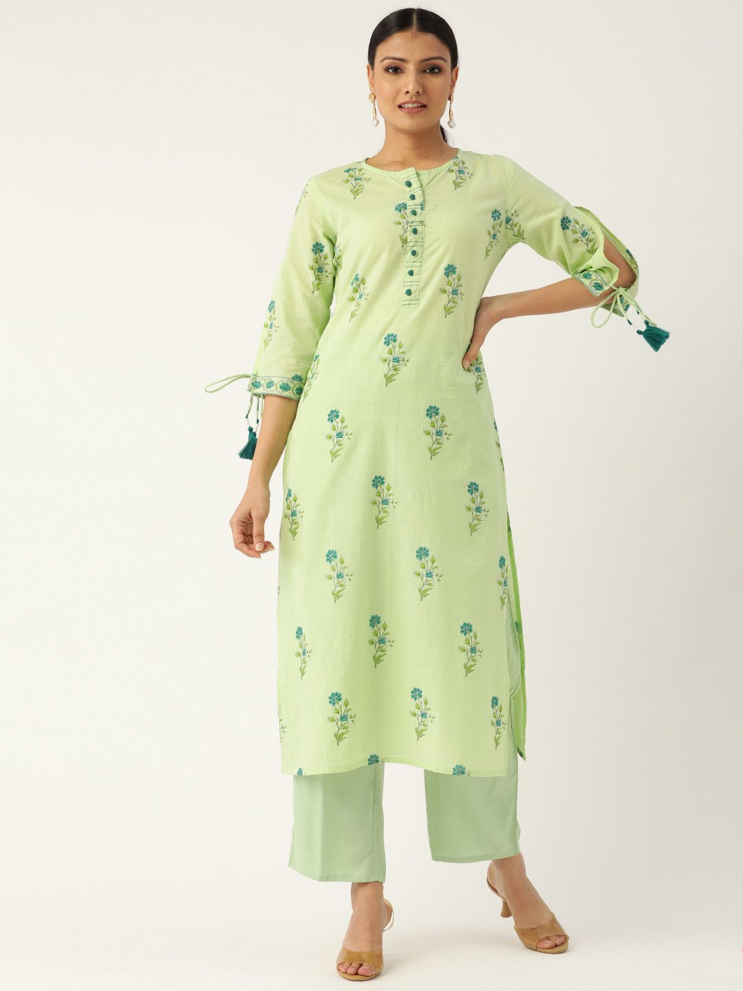 Women's Pista Green Calf Length Three-Quarter Sleeves Straight Floral Printed Cotton Kurta