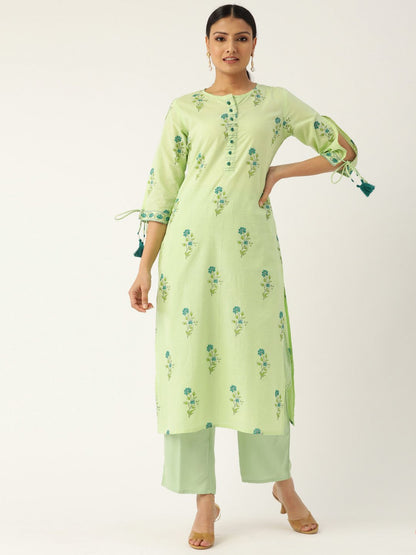 Women's Pista Green Calf Length Three-Quarter Sleeves Straight Floral Printed Cotton Kurta