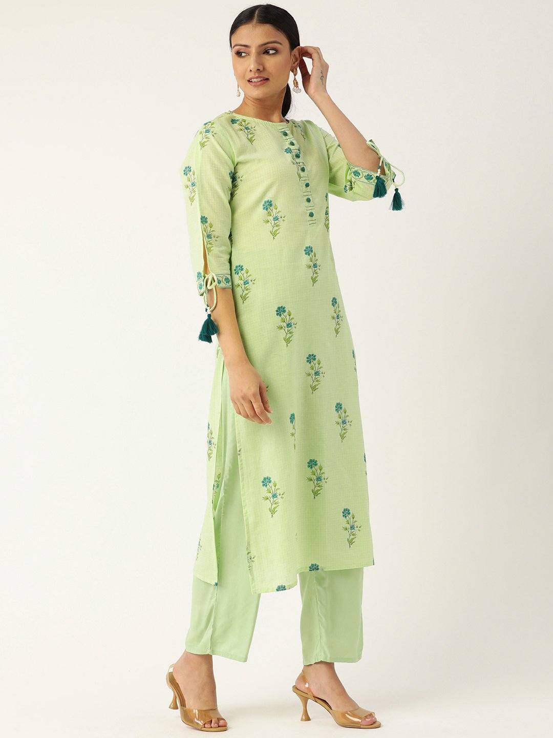 Women's Pista Green Calf Length Three-Quarter Sleeves Straight Floral Printed Cotton Kurta