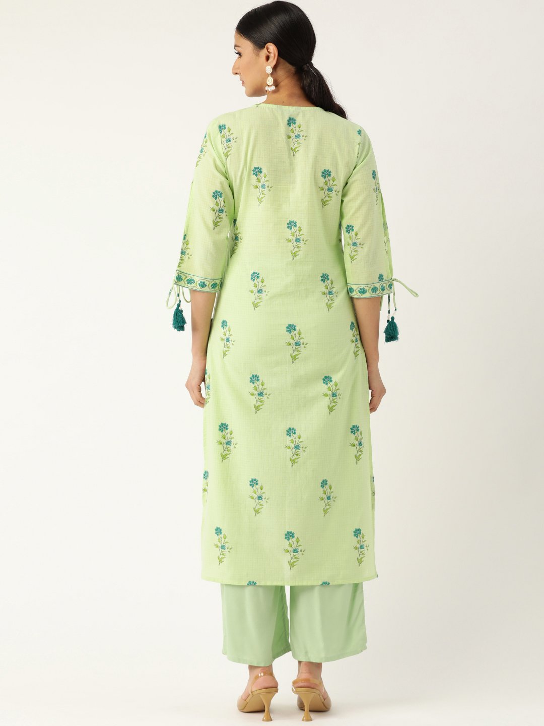 Women's Pista Green Calf Length Three-Quarter Sleeves Straight Floral Printed Cotton Kurta