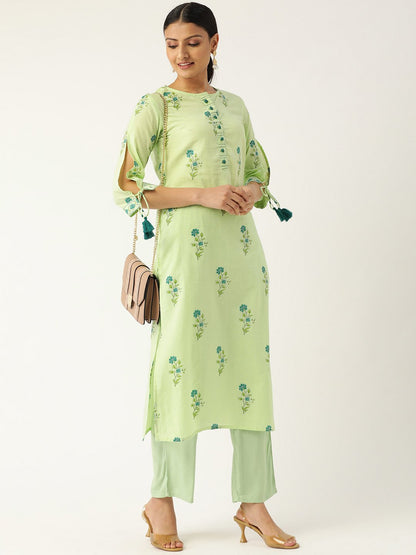 Women's Pista Green Calf Length Three-Quarter Sleeves Straight Floral Printed Cotton Kurta