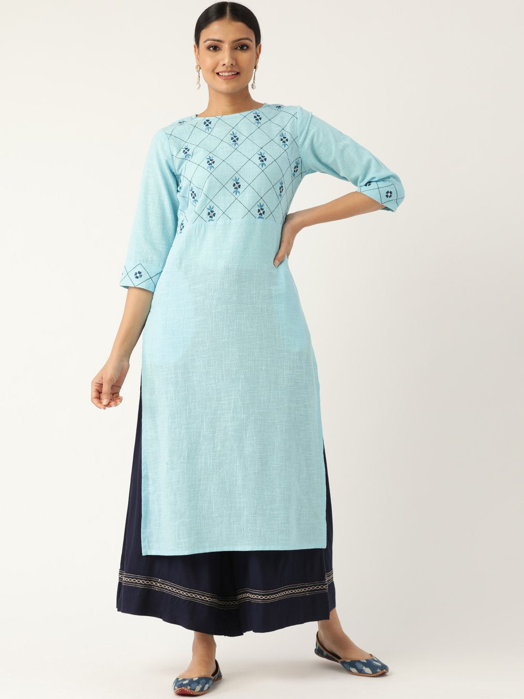 Women's Blue Calf Length Three-Quarter Sleeves Straight Solid Embroidered Cotton Kurta