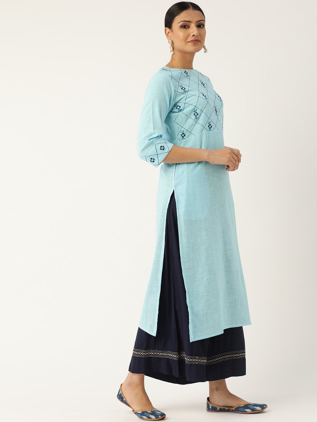 Women's Blue Calf Length Three-Quarter Sleeves Straight Solid Embroidered Cotton Kurta