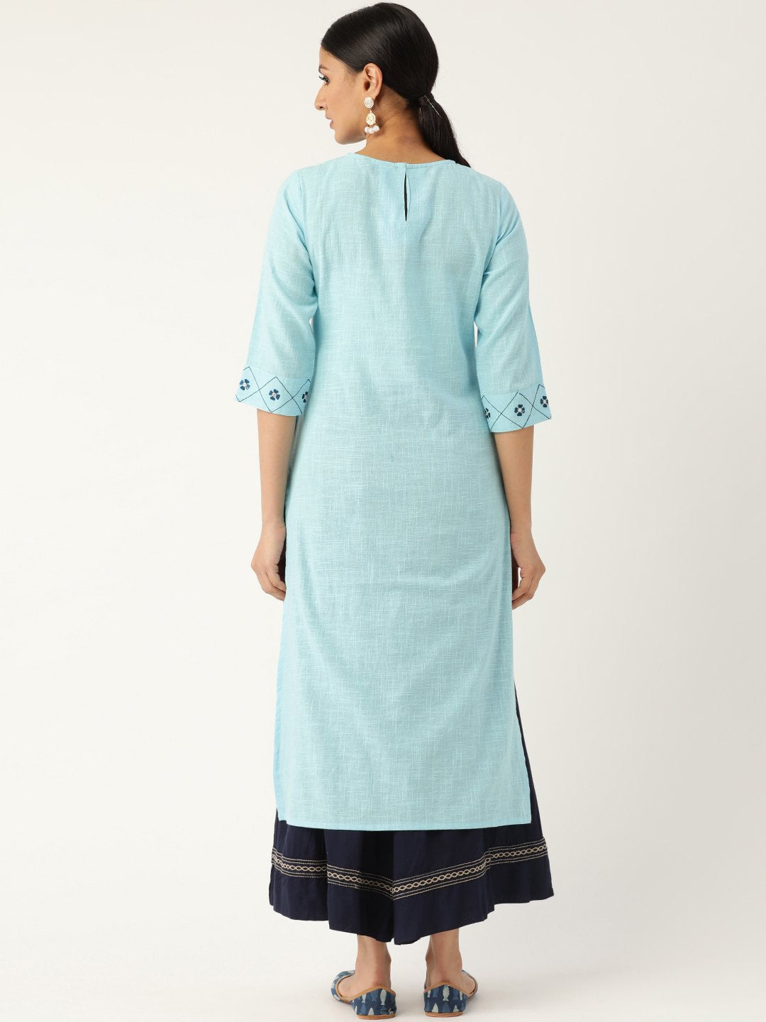 Women's Blue Calf Length Three-Quarter Sleeves Straight Solid Embroidered Cotton Kurta