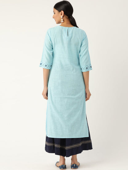 Women's Blue Calf Length Three-Quarter Sleeves Straight Solid Embroidered Cotton Kurta
