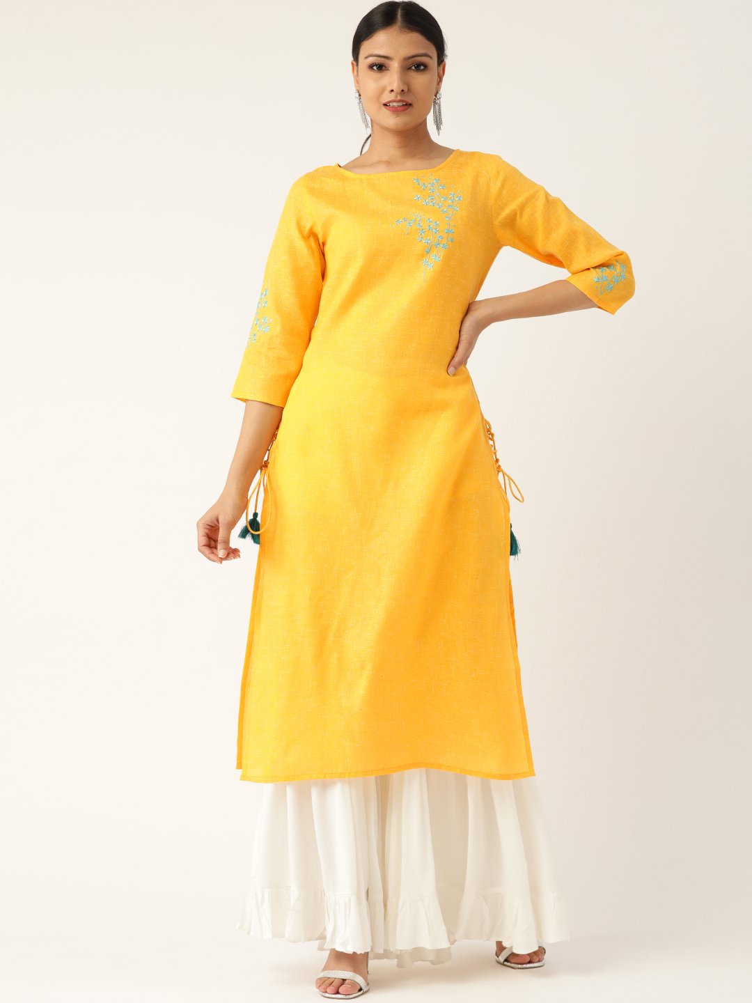 Women's Yellow Calf Length Three-Quarter Sleeves Straight Solid Embroidered Cotton Kurta