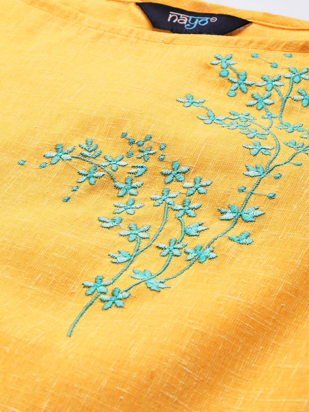 Women's Yellow Calf Length Three-Quarter Sleeves Straight Solid Embroidered Cotton Kurta