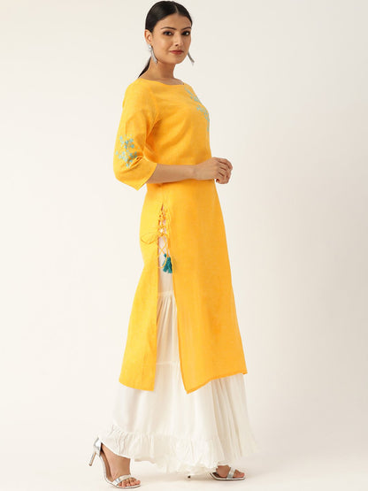 Women's Yellow Calf Length Three-Quarter Sleeves Straight Solid Embroidered Cotton Kurta