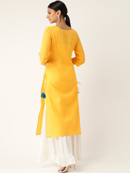 Women's Yellow Calf Length Three-Quarter Sleeves Straight Solid Embroidered Cotton Kurta