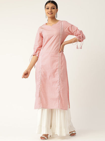 Women's Baby Pink Calf Length Three-Quarter Sleeves Straight Floral Printed Cotton Kurta