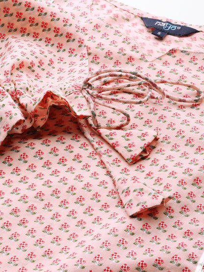 Women's Baby Pink Calf Length Three-Quarter Sleeves Straight Floral Printed Cotton Kurta