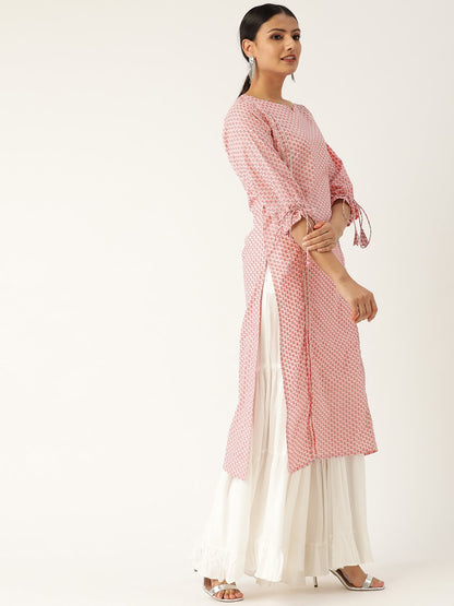 Women's Baby Pink Calf Length Three-Quarter Sleeves Straight Floral Printed Cotton Kurta