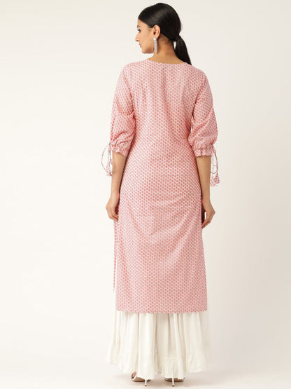 Women's Baby Pink Calf Length Three-Quarter Sleeves Straight Floral Printed Cotton Kurta