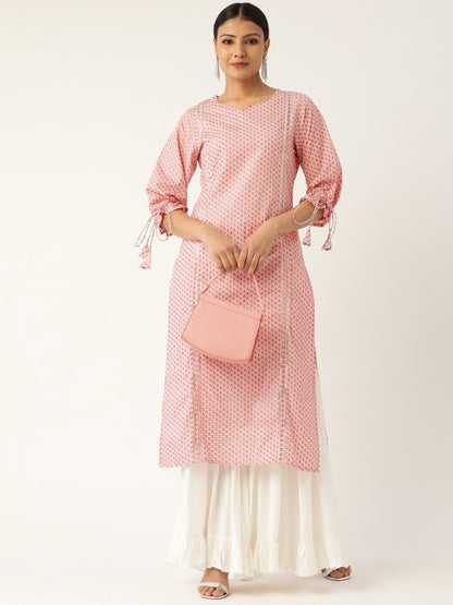 Women's Baby Pink Calf Length Three-Quarter Sleeves Straight Floral Printed Cotton Kurta