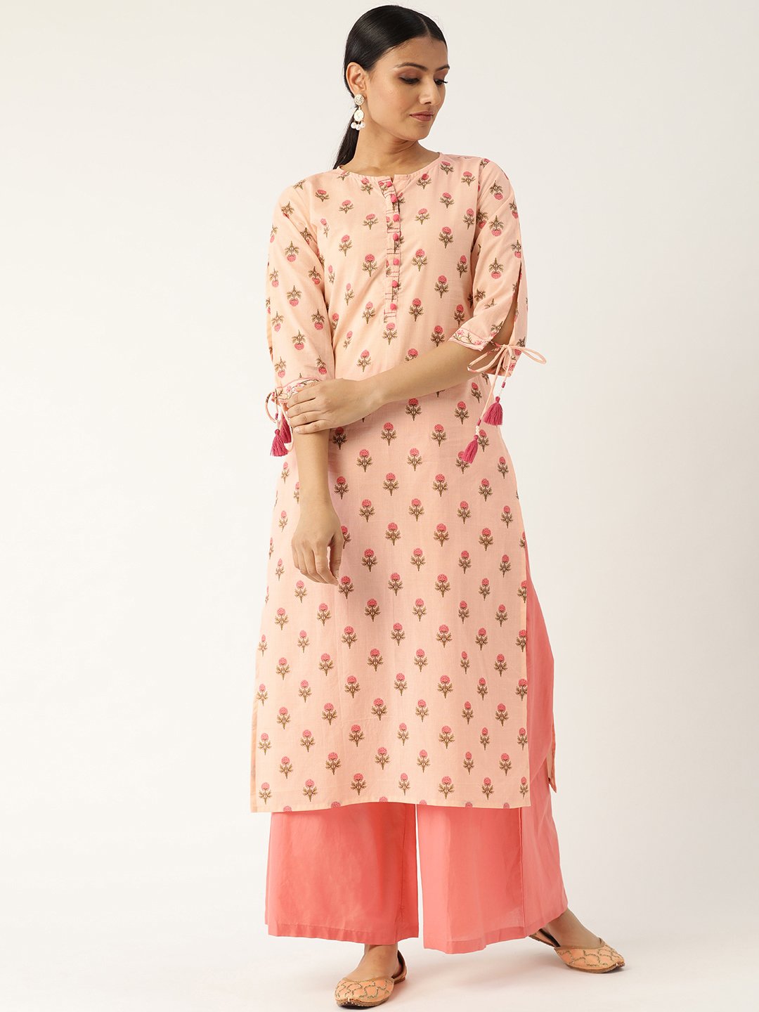 Women's Peach Calf Length Three-Quarter Sleeves Straight Floral Printed Cotton Kurta